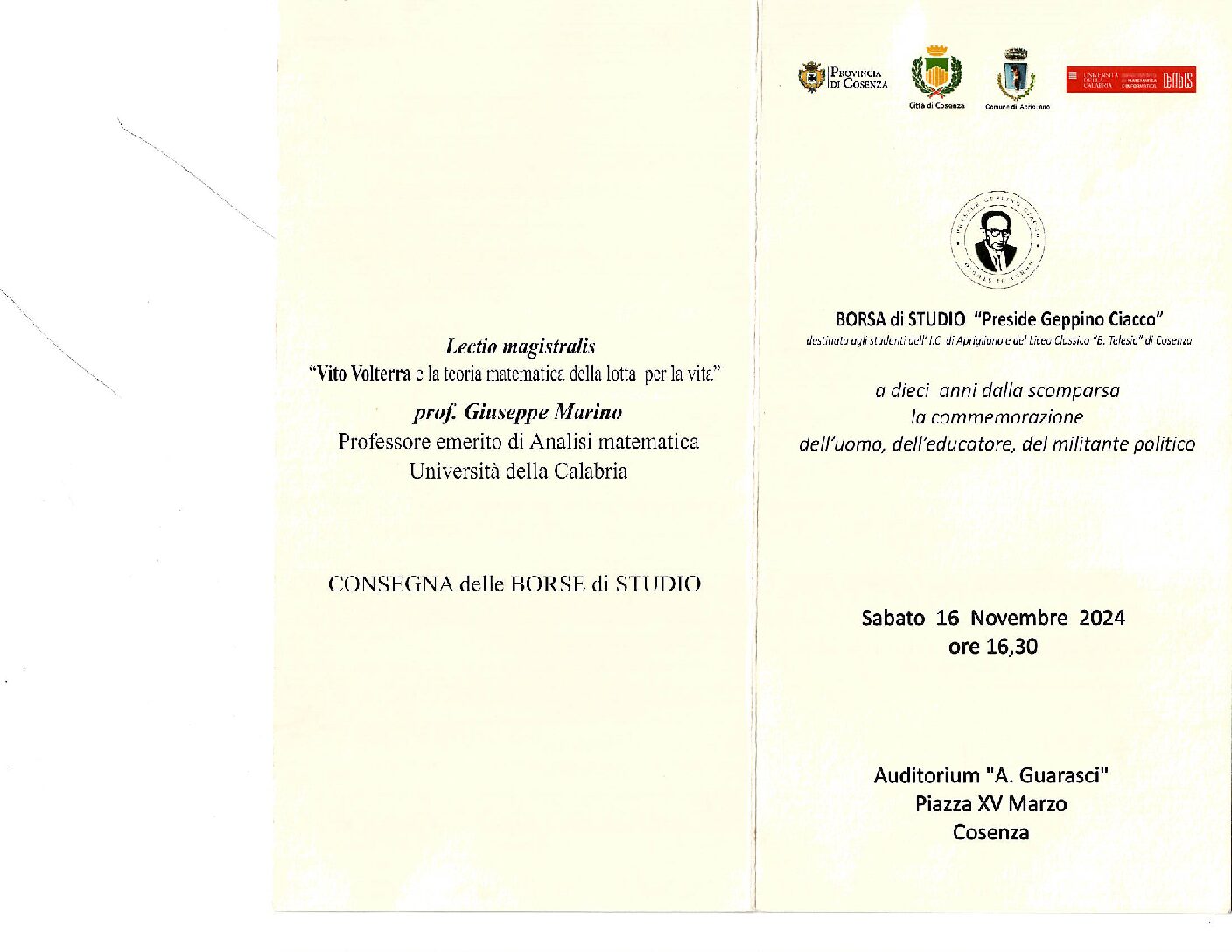 Consegna delle Borse di Studio G. Ciacco Sabato 16 Novembre 2024  ore 16,30 Auditorium A. Guarasci